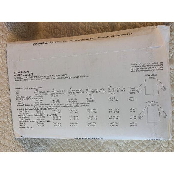 Kwik Sew Misses Jacket Sewing Pattern sz Xs S M L XL 3428 - uncut - Picture 4 of 7